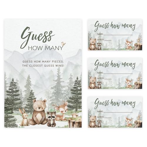 Printed Party Baby Shower Games – Woodland Adventure Candy Jar Guessing Game, Forest Animal Theme, 30 Guess How Many Cards & Matching Display Sign - color: Woodland Adventure