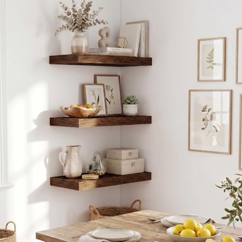 Fun Memories Wood Floating Shelves 20 Inch, 10 Inch Deep Shelves Wall Mount, Wall Shelves with Invisible Bracket, 20" Floating Shelves for Living Room Bathroom Bedroom, Rustic Brown, Set of 2 - color: Brown Color, size: 20W x 10D x 1.5H