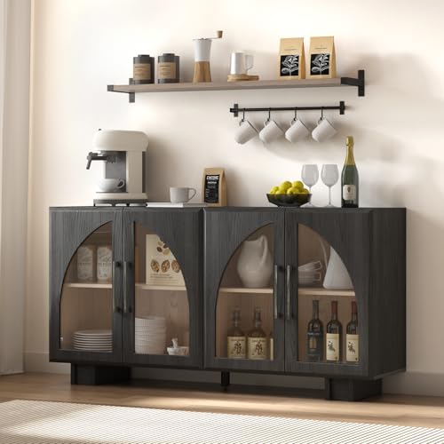 Jiansu furni,63" Sideboard Buffet Cabinet with Arched Glass Doors, Modern Black Kitchen Credenza with Storage, Heavy Duty Coffee Bar Console Table for Dining Room, Living Room, Entryway - color: Black_4 Doors