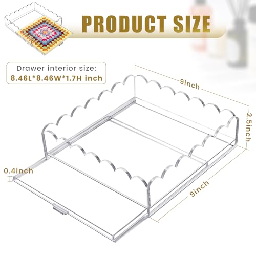 Scalloped Acrylic Tray, 9" x 9" Clear Acrylic Tray with Insert Drawer | Durable Acrylic, Modern Desk Decor Gift, Acrylic Trays for Needlepoint insert, Photos, Art, Fabric, Napkin, Jewelry Organizer - size: 9" x 9" x 2.5"