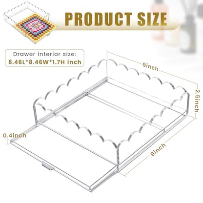Scalloped Acrylic Tray, 9" x 9" Clear Acrylic Tray with Insert Drawer | Durable Acrylic, Modern Desk Decor Gift, Acrylic Trays for Needlepoint insert, Photos, Art, Fabric, Napkin, Jewelry Organizer - size: 9" x 9" x 2.5"