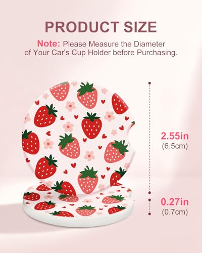 Swooflia Car Coasters for Women - Strawberry Flower Ceramic Car Cupholder Coaster Absorbent Mat Coaster with Cork Base 2 Pack 2.55 inch Automotive Cup Holder Accessories New Driver Gifts for Decor - color: Strawberry & Flower