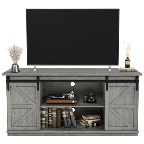 JUMMICO TV Stand for 65 Inch TV, Entertainment Center with Storage Cabinets and Sliding Barn Doors, Mid Century Modern Media TV Console Table for Living Room Bedroom (Pale Gray) - color: Pale Gray, size: Modern