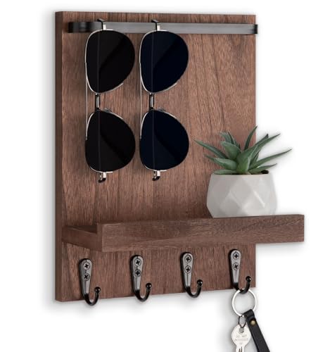 Key Holder Wall Mount, Key Holder for Wall with 4 Hooks, Farmhouse Key Hanger Holds Dog Leash, Sunglasses, Decorative Mail Organizer Home Decor (Brown) - color: Brown