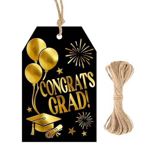 G2PLUS Graduation Gift Tags - 50Pcs Black Gold Foil Congrats Grad Tags with String for Class of 2026 Graduation Party Favors - style: Graduation - Black Gold