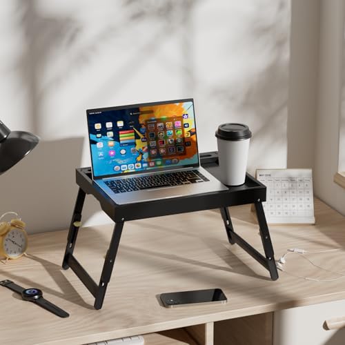 Artmeer Bed Tray Table with Folding Legs, Bamboo Breakfast Food Tray with Media Slot, Use As Platter, Laptop Desk, Snack, TV Tray Kitchen Serving Tray (Black Large Adjustable Legs) - color: Black, size: Large Adjustable