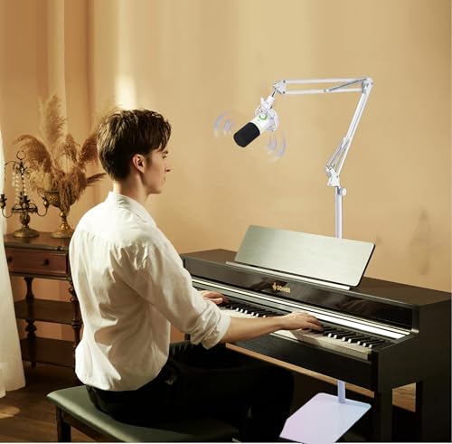 White Microphone-Floor-Stand for Blue Yeti, Nano, Snowball, Solocast,Razer,Logitech USB and XLR Mic,Adjustable Mic Boom Arm Stand with 1/4'' Thread and 3/8" 5/8" Adapter, Mic Clip, Cable Ties