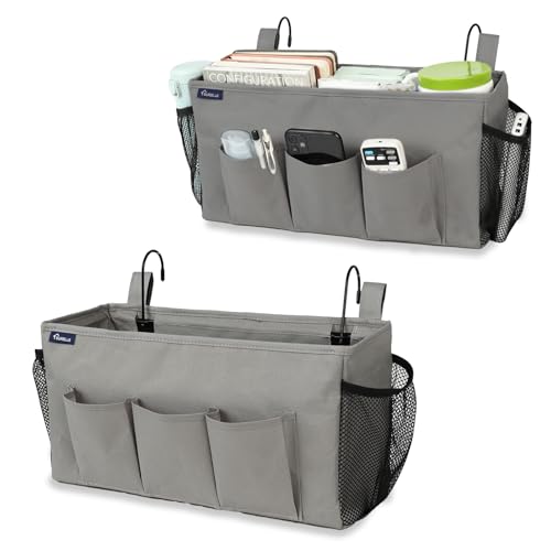 Surblue Bedside Organizer with Hook Caddy Hanging Storage Bag with Adjustable Straps and Water Bottle Holder for Home, College Dorm, Hospital Bed, Grey, 2PCS - color: 2Pcs Grey
