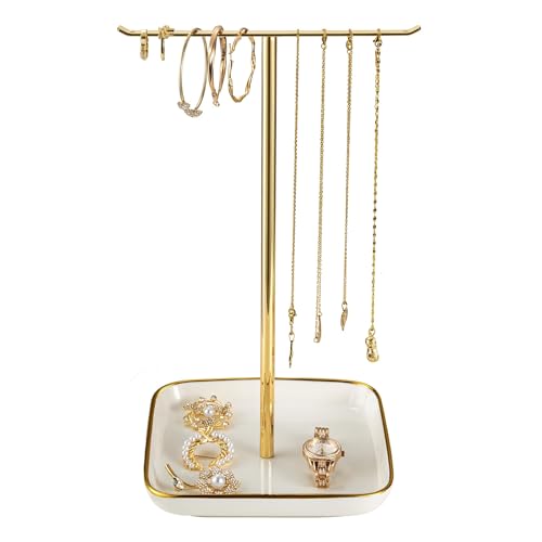 Jewelry Holder Stand with Ceramic Base: 12" Tall Necklace Organizer Rack, Tree Design Display Storage for Necklaces, Bracelets, Rings, Earrings, Aesthetic Room Décor for Girls and Women, Gold - color: White, size: 6.7" base