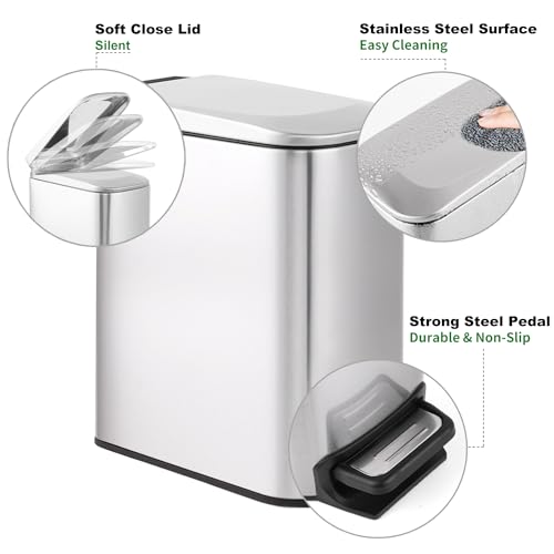 TIPGO Slim Bathroom Trash Can with Lid Soft Close, Step Pedal, 6 Liter / 1.6 Gallon Stainless Steel Garbage Can with Removable Inner Bucket, Anti-Fingerprint Finish (Silver) - color: Silver