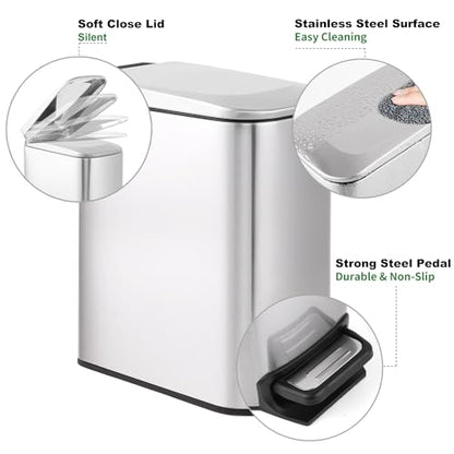 TIPGO Slim Bathroom Trash Can with Lid Soft Close, Step Pedal, 6 Liter / 1.6 Gallon Stainless Steel Garbage Can with Removable Inner Bucket, Anti-Fingerprint Finish (Silver) - color: Silver