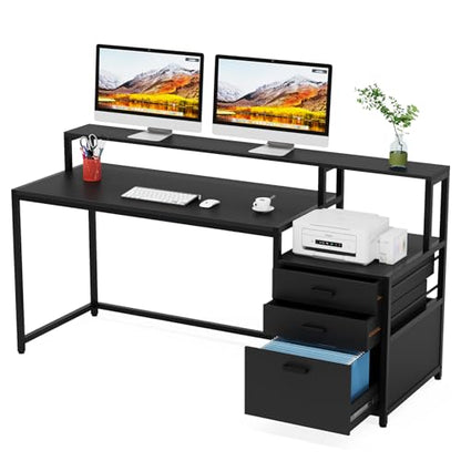 Tribesigns 63 Inch Computer Desk with File Drawer Cabinet, Ergonomic Office Desk with Monitor Stand, Industrial Computer Table with Printer Space, Wood PC Table Workstation Desks for Home Office - color: Black