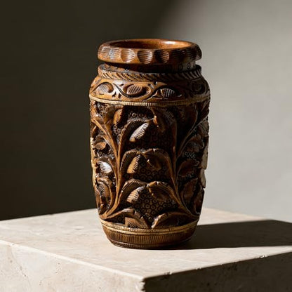Craft Trade Hand Carved Wooden Pen Holder & Pencil Cup, Natural Wood Desk Organizer Storage Box - Leaf Maroon - color: Leaf Maroon