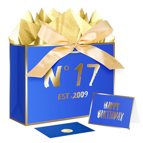 JWSCYSY 17th Blue Birthday Gift Bag with Card, Tissue Paper and Ribbon for Men Boys Birthday Party Favor, Presents Wrapping (12.6" EST 2009) - color: 17TH
