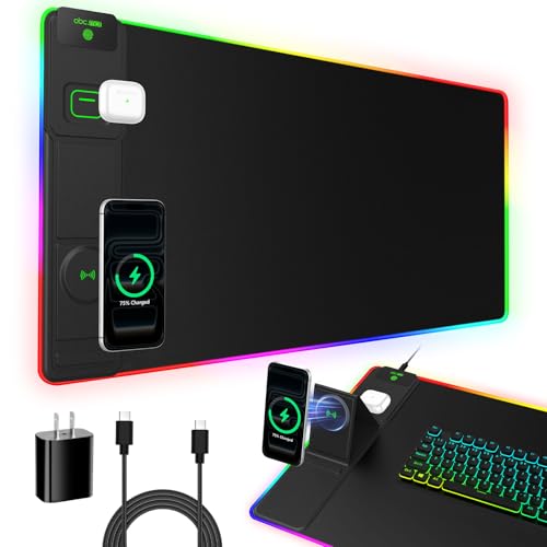 XXL RGB LED Gaming Mouse Pad with Magnetic Wireless Charger & Foldable Phone Holder, 31.5"x15.8" Extended Ultra-Smooth Desk Mat, 25 Lighting Effects, Non-Slip Base, Includes 20W PD Adapter - color: RGB-31.5"x15.8"-Magnetic Stand(with Adapter)
