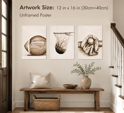3Pcs Sports Wall Art Football Baseball Basketball Theme Painting Picture Wall Decor Vintage Sport Poster Print Artwork for Boy Room Playroom Bedroom Gameroom Home Decoration【UNFRAMED】 - color: Vintage Ball, size: 12" × 16" Poster