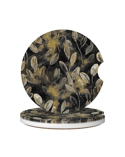 Car Cup Holder Coasters, 2 Pcs Ceramic Coasters with Finger Slot and Cork Back, Anti-Slip Shock Absorbing Women and Men Universal Car Accessories - Golden Powder Leaves - color: Golden Powder Leaves