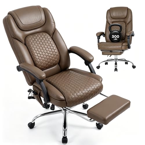 MALOL 300 lbs Massage Office Chair, Big and Tall Desk Chair with 3-Level Heat and Footrest, PU Leather Ergonomic Executive Computer Chair with Side Pocket, Brown - color: Brown, size: Set of 1, style: Classic