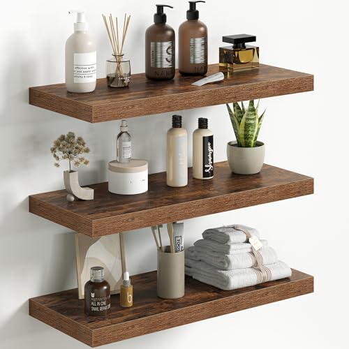 Fun Memories Floating Shelves for Wall 24 Inch Set of 3, Farmhouse Floating Shelves with Invisible Heavy Duty Bracket, 10 Inch Deep Bathroom Shelves for Storage, Living Room, Kitchen, Decor, Brown - color: Brown, size: 24"W x 10"D - 3P