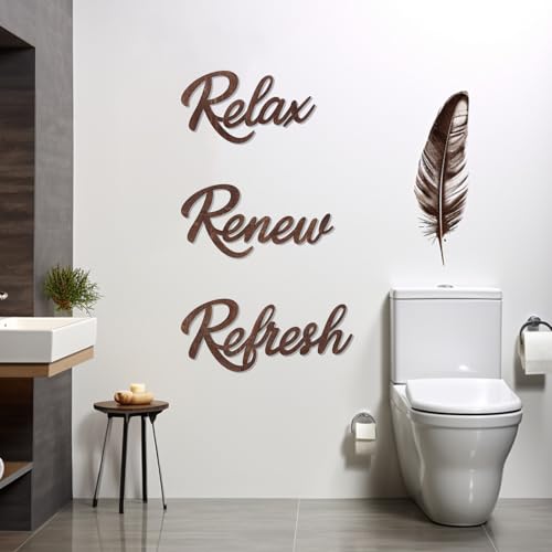 3 Pieces Bathroom Decor Wooden Bathroom Sign,Relax Renew Refresh Sign (Brown) - color: Brown