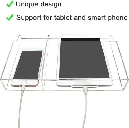 Yoillione Wall Mount Tablet and Phone Charging Stand for Tablet, Smartphone, E-Book, 2 Slots Remote Control Holder for TV, Clear Acrylic Remote Storage Media Organizer Box - Product 2.0 Size Upgrade