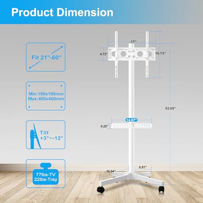 Mobile TV Carts on Wheels for 21-60 Inch Flat/Curved Panel Screens TVs - Height Adjustable Floor Trolley Stand with Shelf Holds up to 77lbs - Max VESA 400x400mm, White - color: White High Quality