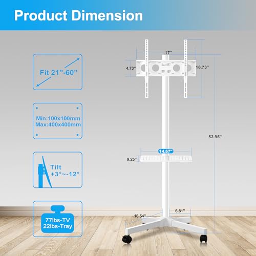 Mobile TV Carts on Wheels for 21-60 Inch Flat/Curved Panel Screens TVs - Height Adjustable Floor Trolley Stand with Shelf Holds up to 77lbs - Max VESA 400x400mm, White - color: White High Quality