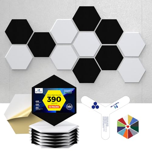 Self-Adhesive Acoustic Panels [390 lbs/yd³ Ultra-High Density], 2nd Generation Sound Absorbing Panel, Professional Level Sound Panel, Polyester Soundproof Foam [Medium Hexagon, White & Black] - color: White & Black, size: Medium Hexagon (12''x10''x0.4'')