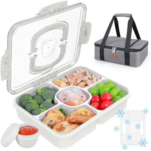 Chilled Snackle Box Container with Ice Pack & Insulated Bag, Large Snack Tray for Veggie Fruit Snacks, Portable Divided Serving Tray for Party, Picnic, Dishwasher Safe, BPA-Free - color: White + Ice Pack & Insulated Bag