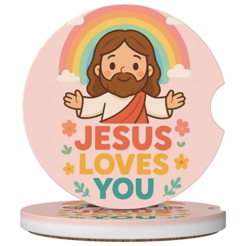 2 Pack Car Cup Holder Coasters Jesus Loves You Absorbent Ceramic Coaster for Cup Holders Fashion Car Interior Accessories for Men Drink Coaster for Women - color: Jesus Loves You