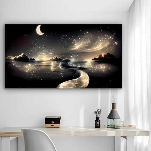 Crescent Moon Over Glowing Waters Vintage Rustic Canvas Wall Art - 12x24in Unframed Poster- Home & Office Decor for Living Room, Bedroom, Kitchen & Cafe - color: Crescent Moon