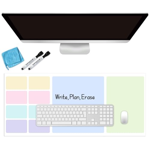 Dry Erase Desk Mat, Large Mouse Pad, Erasable Writing White Board for Making Plans, Self Adhesive Desktop Protector with 2 Wet Erase Markers & 1 Eraser for Home Office School 36"x16" (Pastel) - color: Pastel