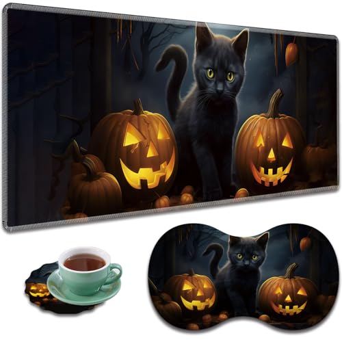 Large Gaming Mouse Pad + Mouse Wrist Rest Pad + Coaster Combination, 31.5 "x 11.8" Durable Non-Slip Extension Table Mat, Suitable for Office and Home, Halloween Black Cat - color: Halloween Black Cat