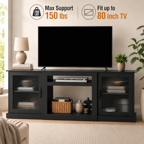 WLIVE 70-Inch Farmhouse TV Stand for 75/80 Inches TV, Tall Entertainment Center with Storage Cabinets, Adjustable Shelves, Cable Management, TV Console Table for Living Room with Acrylic Doors, Black - color: Black, size: 70'' Farmhouse TV Stand