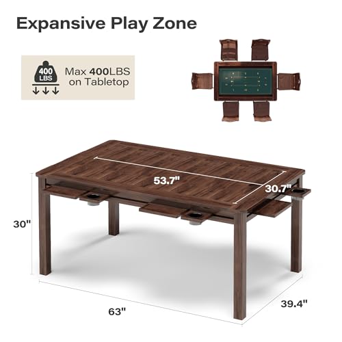 LAUSAINT HOME Board Game Table, 63" x 39" Gaming Table with Removable Table Top & Play Mat for 6 Players, Includes Detachable Cup Holders and Trays for Dining, Card, DND, Poker in Walnut - size: Rectangular Table