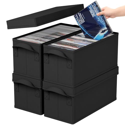 Lifewit CD Storage Box, Stackable CD Case Holder Organizer, Foldable CDs Container with Lid, Handles, Media Organizer Bin for Albums 13.2" L x 5.3" W x 5.9" H Holds up to 120 PCS CDs (30 Each), 4 Pack - size: For CD(13.2"L x 5.3"W x 5.9"H)
