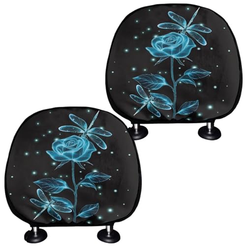 Dragonfly Print Auto Head Rest Cover 2 Pack Head Rest Protector Blue Rose Flower Auto Interior Accessories Soft Stretchy Car Seat Headrest Cover Universal Fit - color: Dragonfly