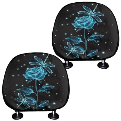 Dragonfly Print Auto Head Rest Cover 2 Pack Head Rest Protector Blue Rose Flower Auto Interior Accessories Soft Stretchy Car Seat Headrest Cover Universal Fit - color: Dragonfly