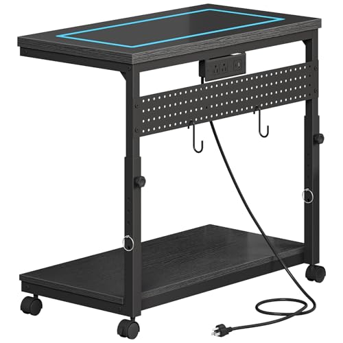 CHOEZON 31.5" Large Computer Tower Stand with Power Outlet, Under-Desk PC Cart with 2 Hooks, PC Stand with LED, Height Adjustable PC Tower Holder on Wheels, for Living Room, Office, Black TCJ51UDBB