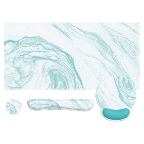 iLeadon Keyboard Mouse Pad Set, Large Gaming Mouse Pad + Keyboard Wrist Rest + Mouse Pad with Wrist Support + Coaster, Easy Typing Pain Relief, 4in1 Desk Mat Set for Home Office, Teal Turqoise Marble - color: Teal Marble