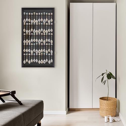 DisplayGifts 60 Souvenir Spoon Tea Spoon Display Case Rack Holder Wall Cabinet Frame, UV Protection, Lockable Door (Black Finish) - color: Black Finish