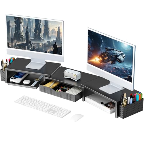 gianotter Dual Monitor Stand Riser, Desk Organizer With Drawer and 2 Pen Holders, Computer Monitor Stand, Desk Shelf for Top of Desk (Black) - color: Black