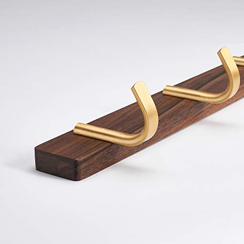 Wall Mounted Coat Rack, Entryway Hanging Coat Rack, Metal Wood Coat Rail with 4 Rustic Hooks Rail for Coat, Scarf, Bag, Towel, Key, Cap, Hat, Walnut Gold Matt - size: 4 Hooks - J Shape