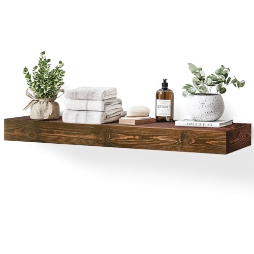 48x3x7in Solid Wood Floating Shelf – Brown Rustic Wall Mounted Fireplace Mantel Shelf – Heavy Duty Decorative Fireplace Mantel for Living Room, Kitchen, Bathroom, Bedroom - color: Brown, size: 48x3x7-hollow