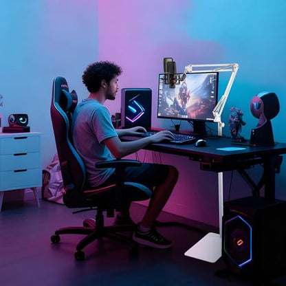 White Microphone-Floor-Stand for Blue Yeti, Nano, Snowball, Solocast,Razer,Logitech USB and XLR Mic,Adjustable Mic Boom Arm Stand with 1/4'' Thread and 3/8" 5/8" Adapter, Mic Clip, Cable Ties