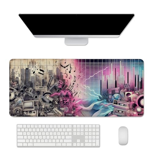 Music Theme Mouse Pad Desk Mat, Big Mousepad (27.5X11.8 in) | Non-slip base, high-density smooth surface with no stuttering,Washable and colorfast,suitable for office, study, and gaming - color: Chillwave Music