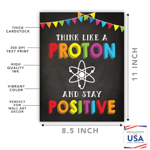 Andaz Press Classroom Science Teacher Wall Art Decor Poster Signs, 8.5X11-Inch, Think Like A Proton And Stay Positive, 1-Pack, Unframed, Inspirational Motivational Quotes Stay Positive Poster - color: Think