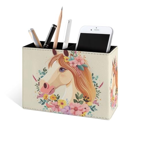 Famame Cartoon White Horse Wreath Pencil Holder for Desk, Leather Desktop Container Pen Cup Storage Study Table Pen Organizer Makeup Brush Holder for Classroom Office Home - color: White Horse Wreath