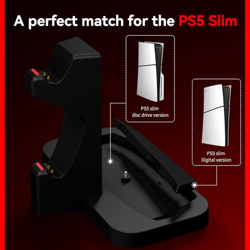 PS5 Stand with Controller Charging Station: 2.5 Hours Fast Charging Dock - Vertical Stand for PlayStation 5 Slim - PS5 Accessories with Headphone Holder & Dual Controller Charger - color: Black