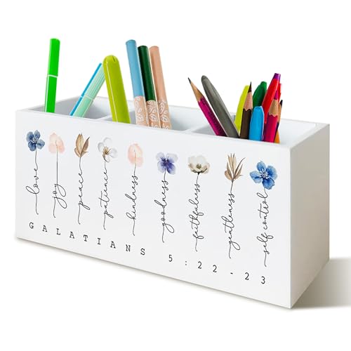 Christian Pen Holder for Office Desk, Religious Christian Gifts for Women, Floral Boho Christian Bible Verses Wooden Pen Pencil Holder Organizer for Home Office Desk Accessories - color: white